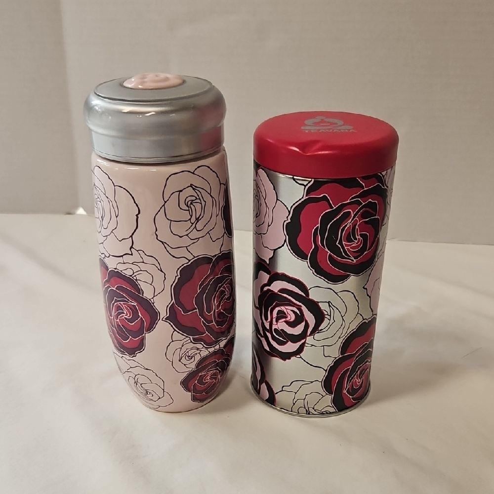 Teavana Pink Rose Ceramic Tea Infuser 8oz Tumbler & Matching Tin